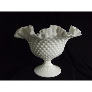 Vintage Fenton White Milk Glass Pedestal Bowl 6.75" x9" Hobnail Ruffled Rim Vase